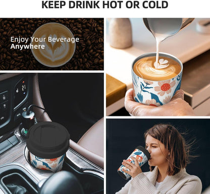 Orange And Blue Floral Print Leak Proof Coffee Travel Cup | Double Wall Stainless Steel Insulated Tumbler Flip Lid Portable Car Driving Coffee Drinking Vessel