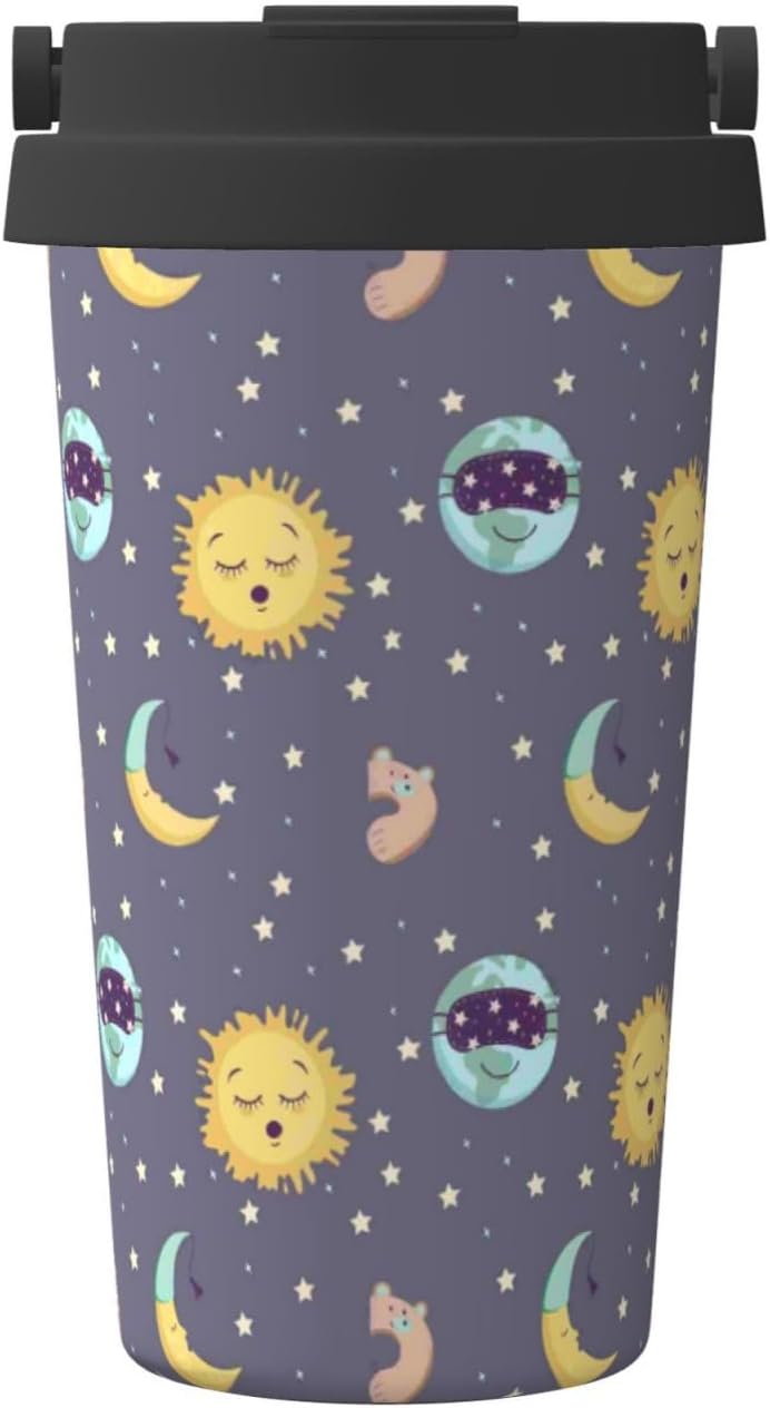 Orange And Blue Floral Print Leak Proof Coffee Travel Cup | Double Wall Stainless Steel Insulated Tumbler Flip Lid Portable Car Driving Coffee Drinking Vessel