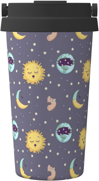 Orange And Blue Floral Print Leak Proof Coffee Travel Cup | Double Wall Stainless Steel Insulated Tumbler Flip Lid Portable Car Driving Coffee Drinking Vessel