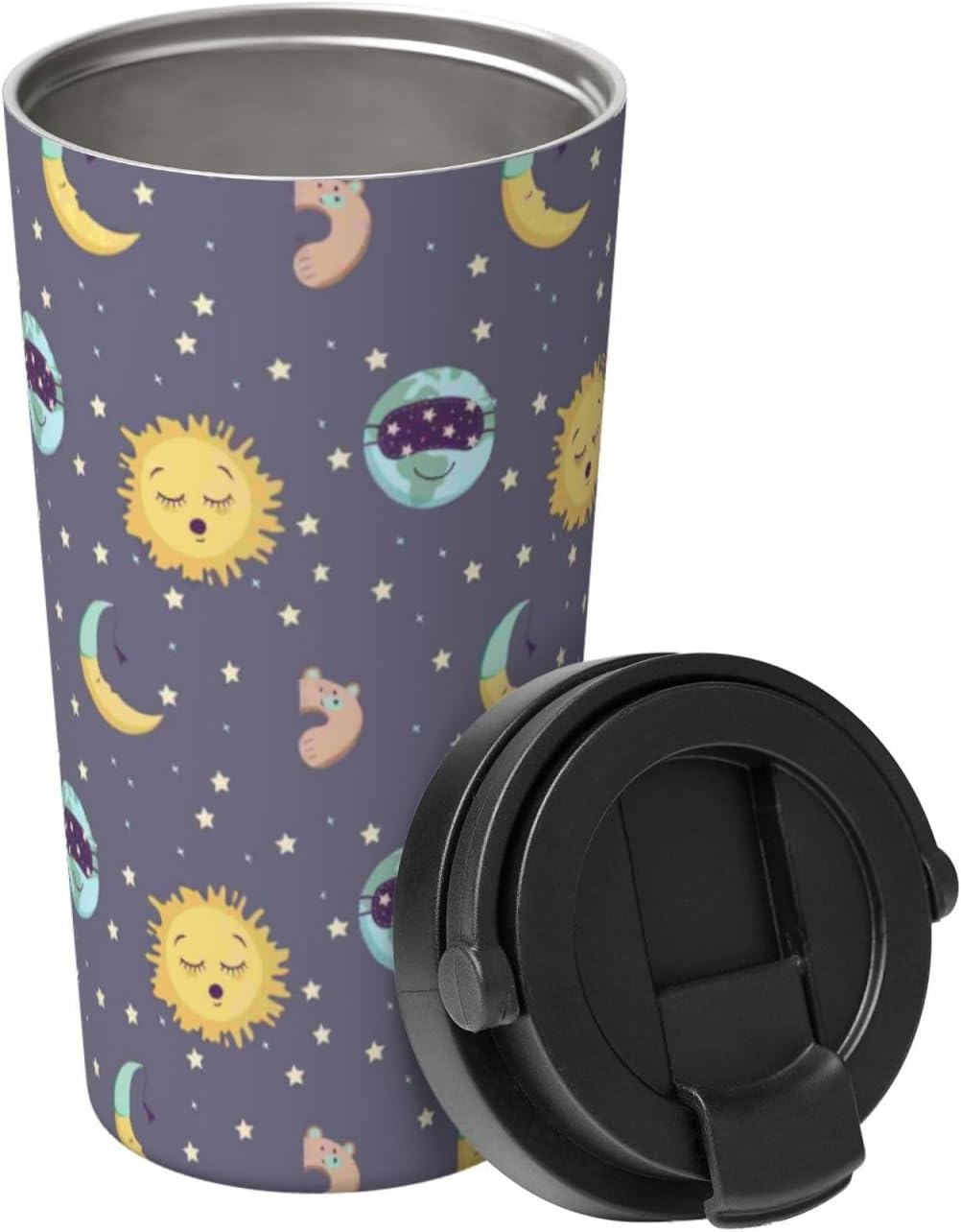 Orange And Blue Floral Print Leak Proof Coffee Travel Cup | Double Wall Stainless Steel Insulated Tumbler Flip Lid Portable Car Driving Coffee Drinking Vessel