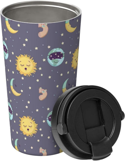 Orange And Blue Floral Print Leak Proof Coffee Travel Cup | Double Wall Stainless Steel Insulated Tumbler Flip Lid Portable Car Driving Coffee Drinking Vessel