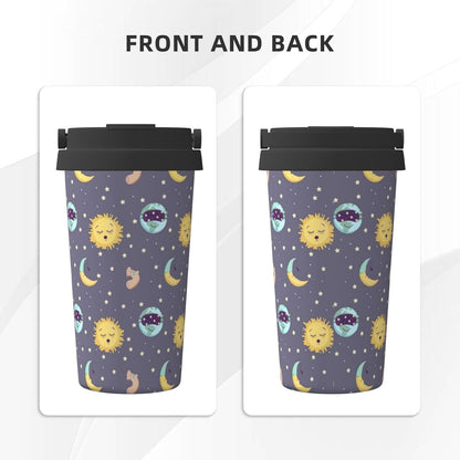 Orange And Blue Floral Print Leak Proof Coffee Travel Cup | Double Wall Stainless Steel Insulated Tumbler Flip Lid Portable Car Driving Coffee Drinking Vessel