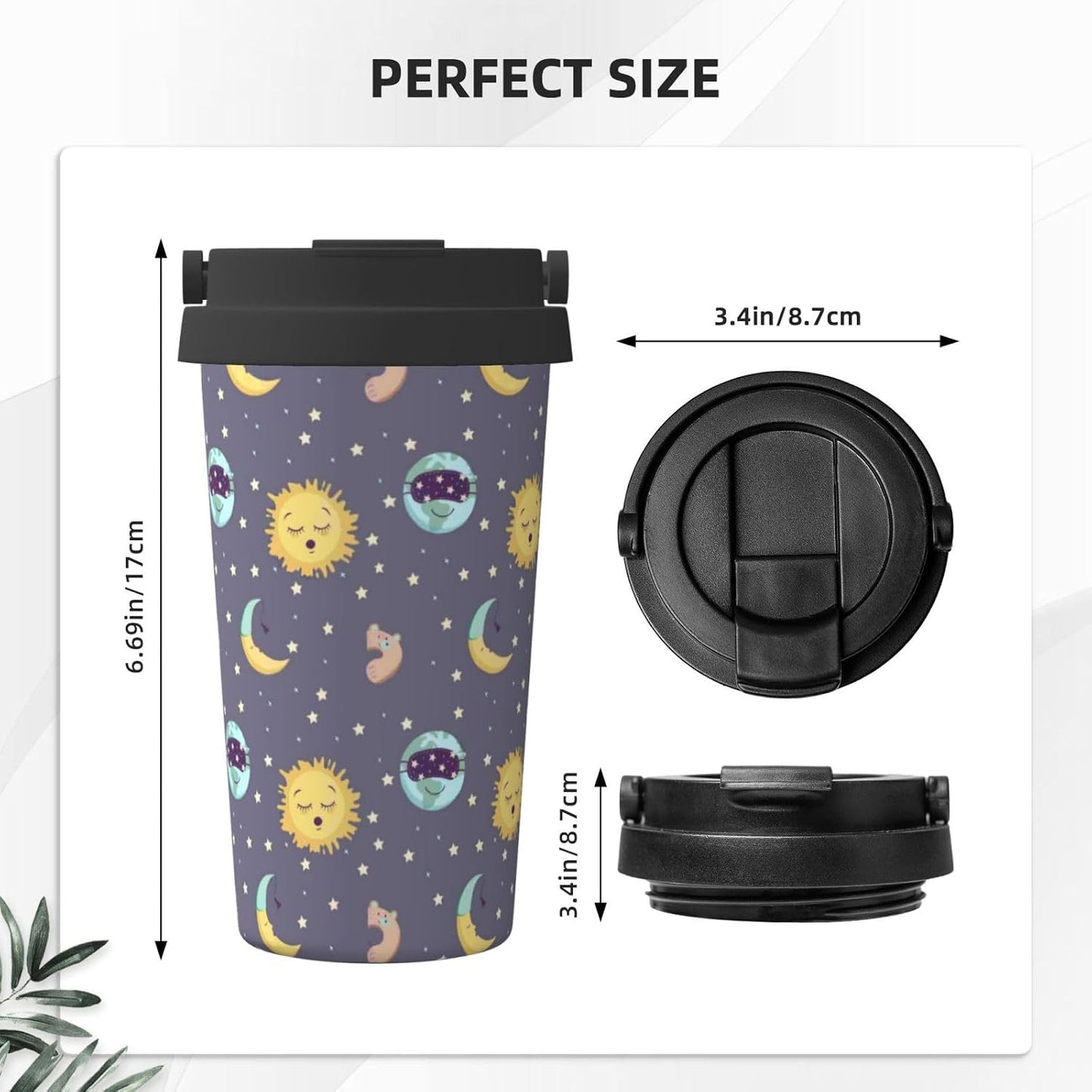 Orange And Blue Floral Print Leak Proof Coffee Travel Cup | Double Wall Stainless Steel Insulated Tumbler Flip Lid Portable Car Driving Coffee Drinking Vessel