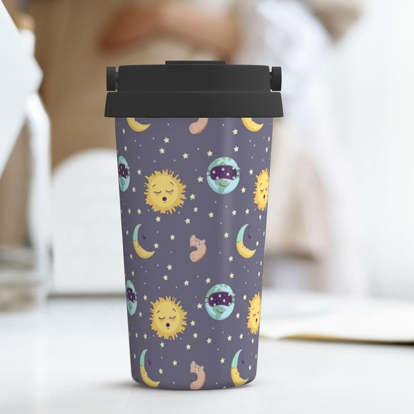 Orange And Blue Floral Print Leak Proof Coffee Travel Cup | Double Wall Stainless Steel Insulated Tumbler Flip Lid Portable Car Driving Coffee Drinking Vessel