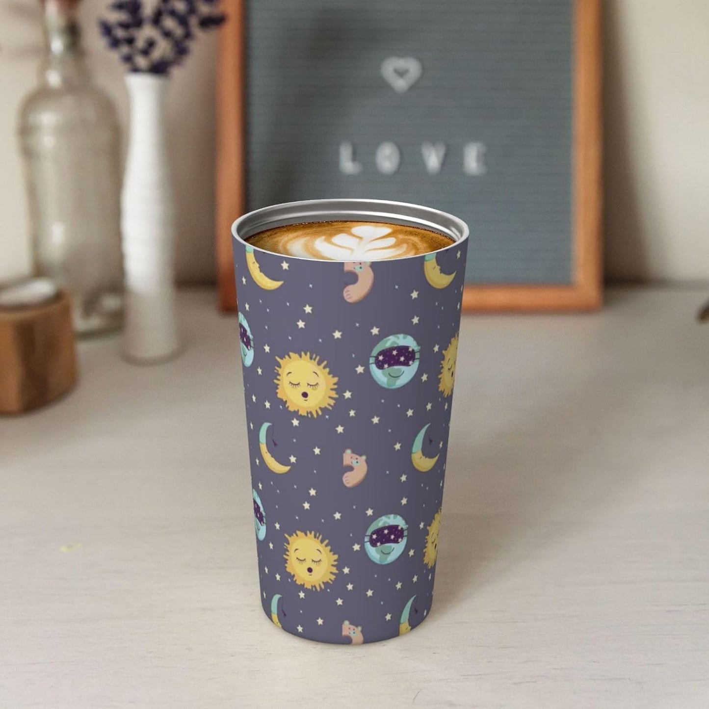 Orange And Blue Floral Print Leak Proof Coffee Travel Cup | Double Wall Stainless Steel Insulated Tumbler Flip Lid Portable Car Driving Coffee Drinking Vessel