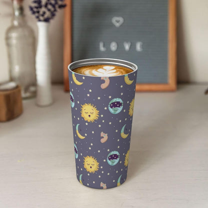 Orange And Blue Floral Print Leak Proof Coffee Travel Cup | Double Wall Stainless Steel Insulated Tumbler Flip Lid Portable Car Driving Coffee Drinking Vessel