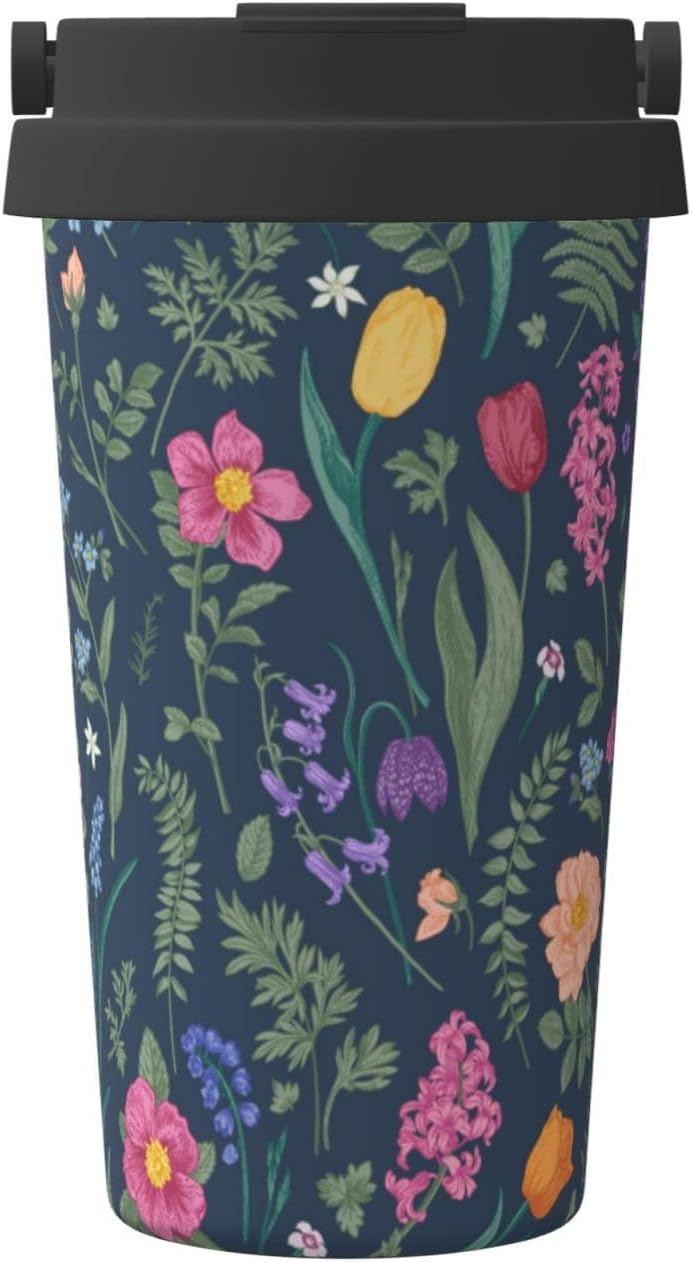 Orange And Blue Floral Print Leak Proof Coffee Travel Cup | Double Wall Stainless Steel Insulated Tumbler Flip Lid Portable Car Driving Coffee Drinking Vessel