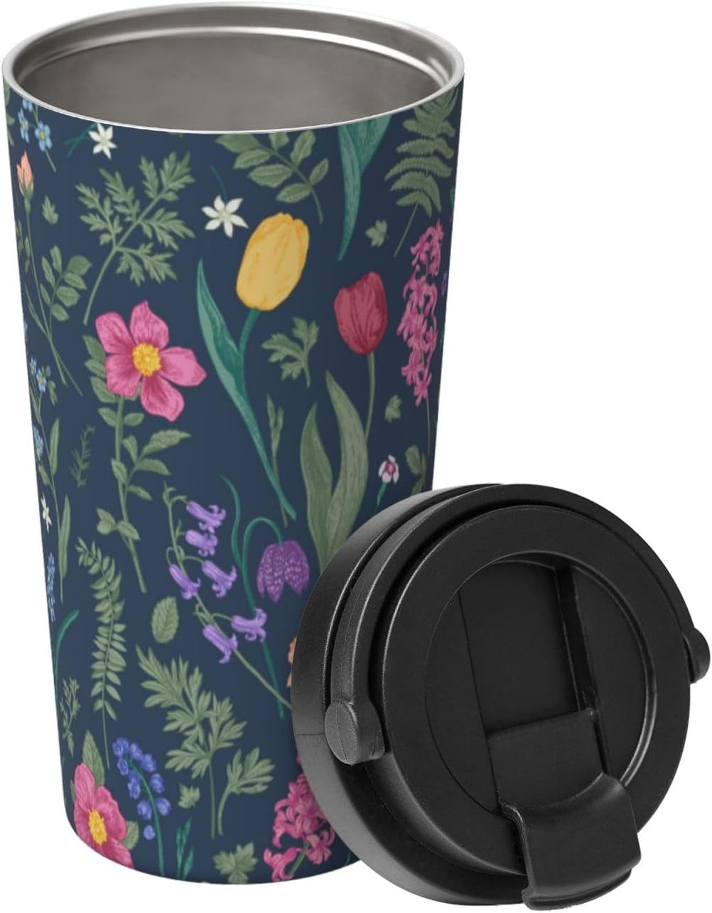 Orange And Blue Floral Print Leak Proof Coffee Travel Cup | Double Wall Stainless Steel Insulated Tumbler Flip Lid Portable Car Driving Coffee Drinking Vessel