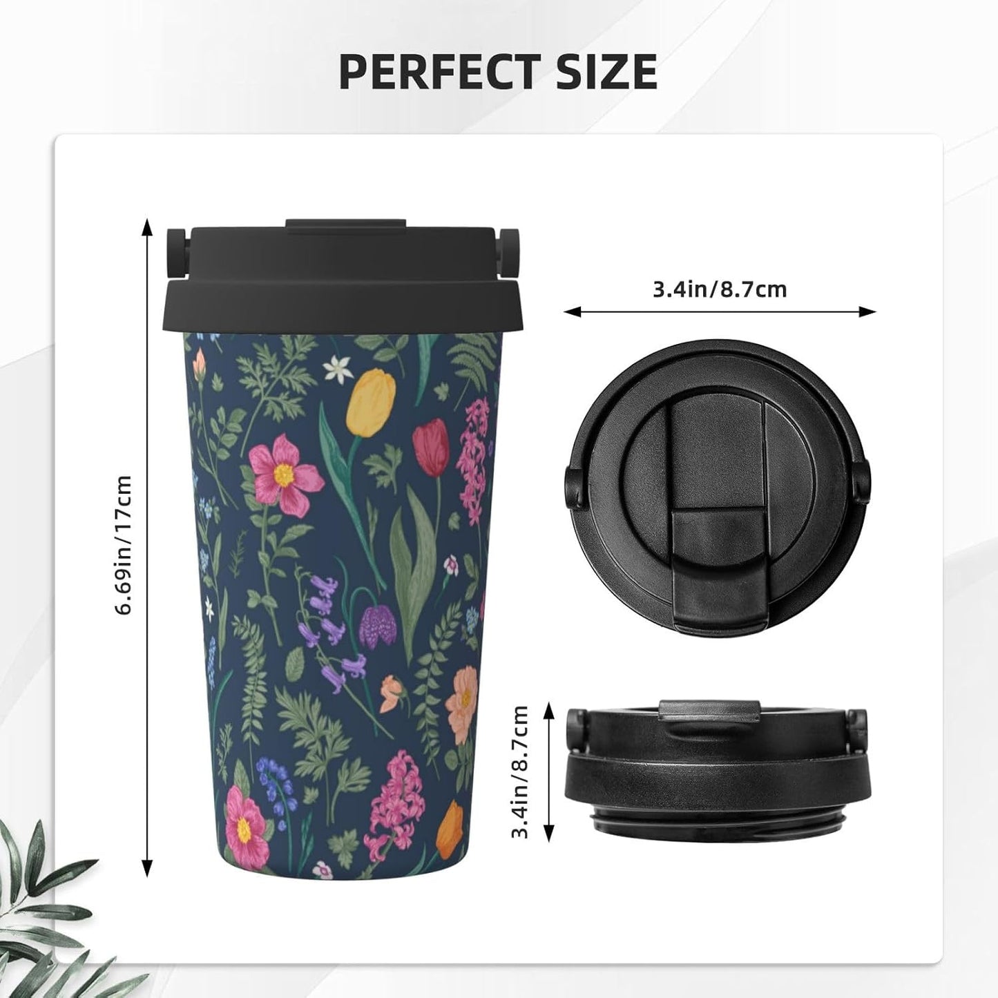 Orange And Blue Floral Print Leak Proof Coffee Travel Cup | Double Wall Stainless Steel Insulated Tumbler Flip Lid Portable Car Driving Coffee Drinking Vessel