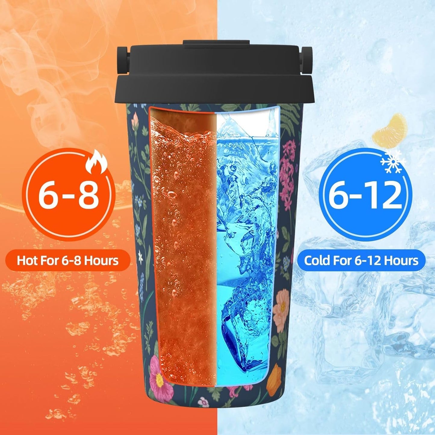Orange And Blue Floral Print Leak Proof Coffee Travel Cup | Double Wall Stainless Steel Insulated Tumbler Flip Lid Portable Car Driving Coffee Drinking Vessel