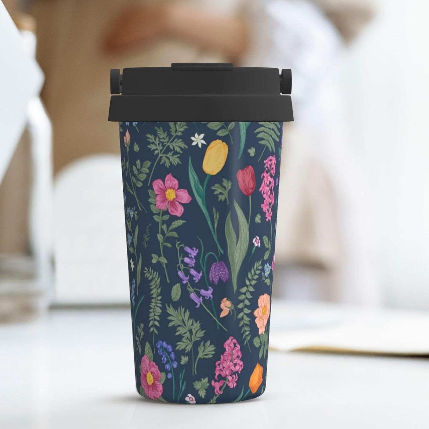 Orange And Blue Floral Print Leak Proof Coffee Travel Cup | Double Wall Stainless Steel Insulated Tumbler Flip Lid Portable Car Driving Coffee Drinking Vessel