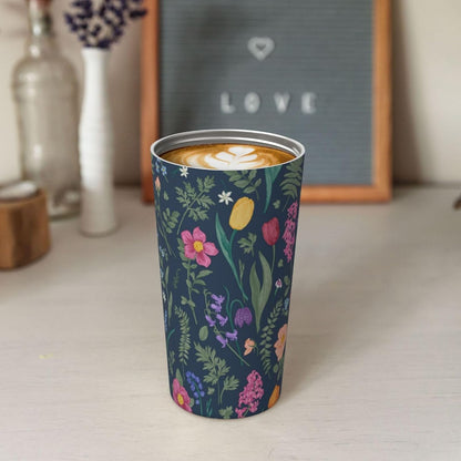 Orange And Blue Floral Print Leak Proof Coffee Travel Cup | Double Wall Stainless Steel Insulated Tumbler Flip Lid Portable Car Driving Coffee Drinking Vessel