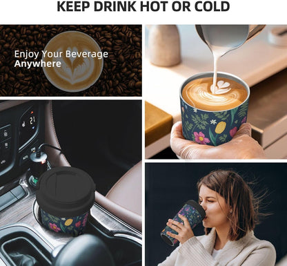 Orange And Blue Floral Print Leak Proof Coffee Travel Cup | Double Wall Stainless Steel Insulated Tumbler Flip Lid Portable Car Driving Coffee Drinking Vessel