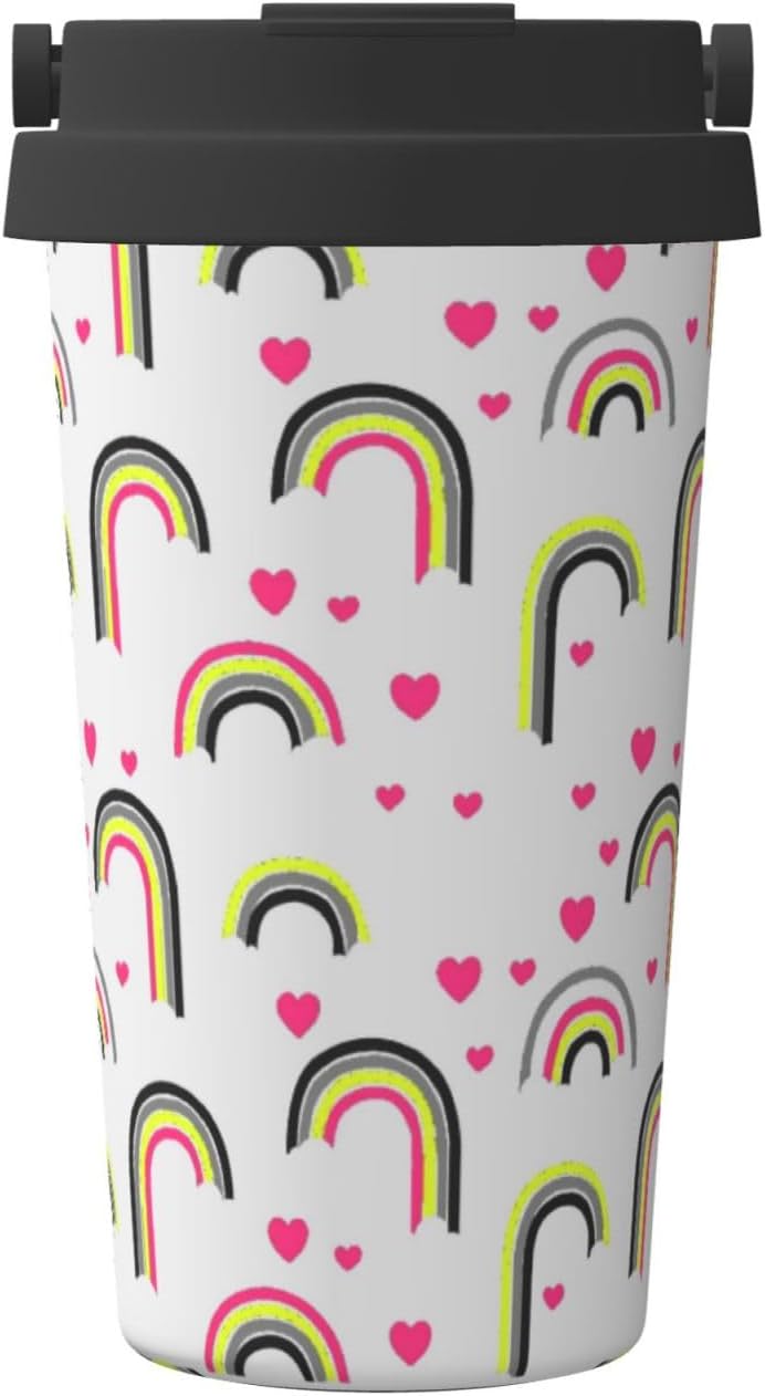 Orange And Blue Floral Print Leak Proof Coffee Travel Cup | Double Wall Stainless Steel Insulated Tumbler Flip Lid Portable Car Driving Coffee Drinking Vessel
