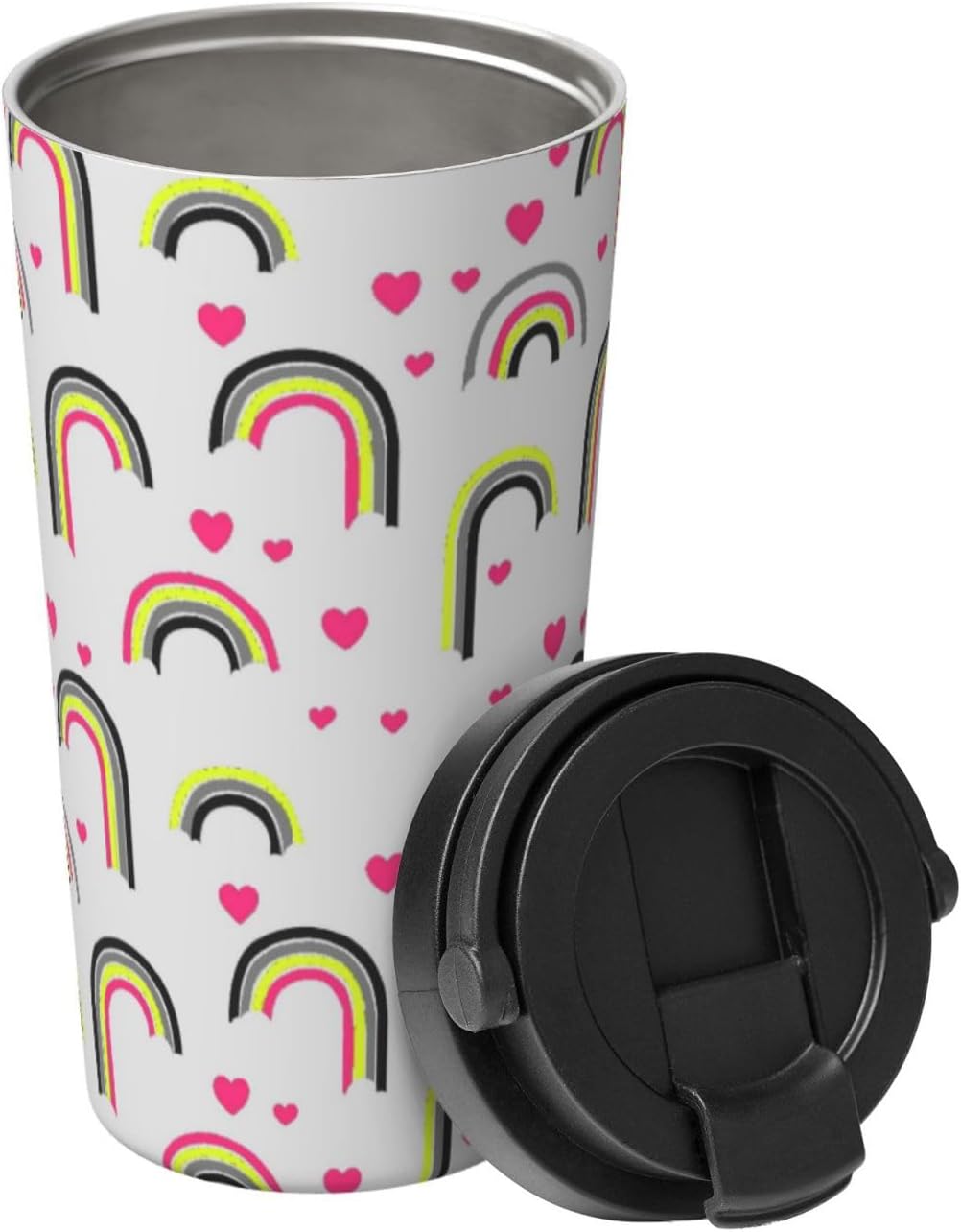 Orange And Blue Floral Print Leak Proof Coffee Travel Cup | Double Wall Stainless Steel Insulated Tumbler Flip Lid Portable Car Driving Coffee Drinking Vessel
