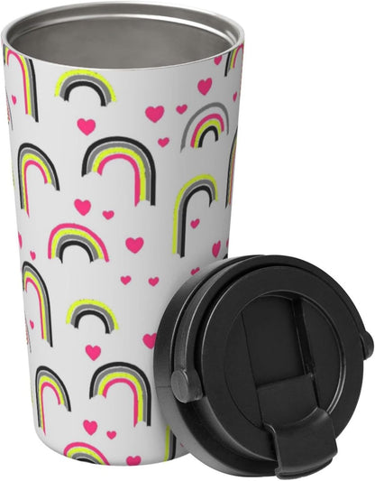 Orange And Blue Floral Print Leak Proof Coffee Travel Cup | Double Wall Stainless Steel Insulated Tumbler Flip Lid Portable Car Driving Coffee Drinking Vessel