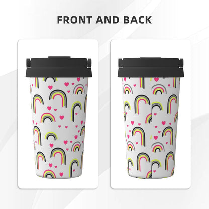 Orange And Blue Floral Print Leak Proof Coffee Travel Cup | Double Wall Stainless Steel Insulated Tumbler Flip Lid Portable Car Driving Coffee Drinking Vessel