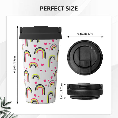 Orange And Blue Floral Print Leak Proof Coffee Travel Cup | Double Wall Stainless Steel Insulated Tumbler Flip Lid Portable Car Driving Coffee Drinking Vessel