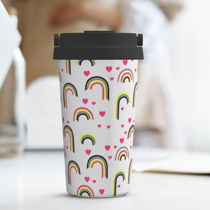 Orange And Blue Floral Print Leak Proof Coffee Travel Cup | Double Wall Stainless Steel Insulated Tumbler Flip Lid Portable Car Driving Coffee Drinking Vessel