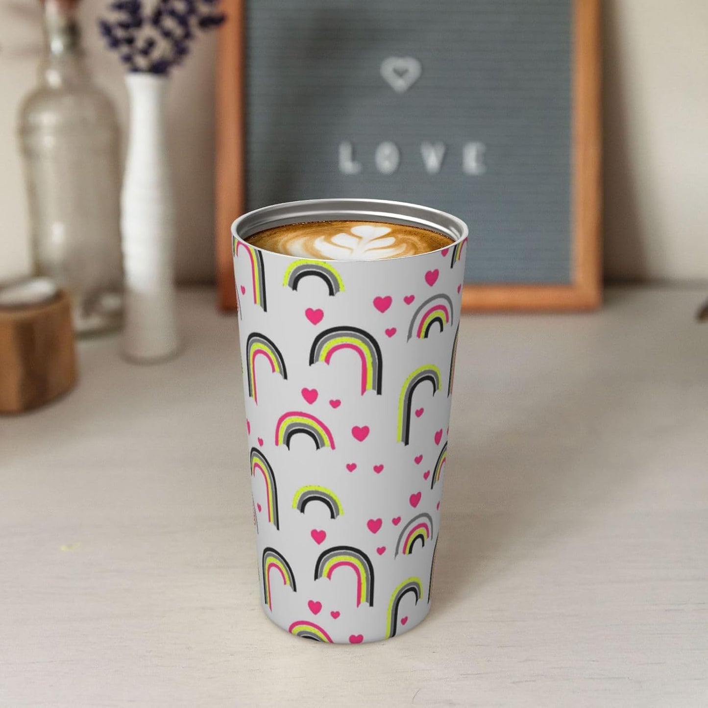 Orange And Blue Floral Print Leak Proof Coffee Travel Cup | Double Wall Stainless Steel Insulated Tumbler Flip Lid Portable Car Driving Coffee Drinking Vessel