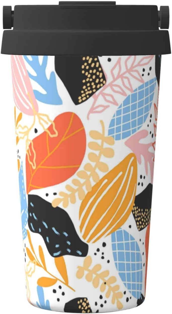 Orange And Blue Floral Print Leak Proof Coffee Travel Cup | Double Wall Stainless Steel Insulated Tumbler Flip Lid Portable Car Driving Coffee Drinking Vessel