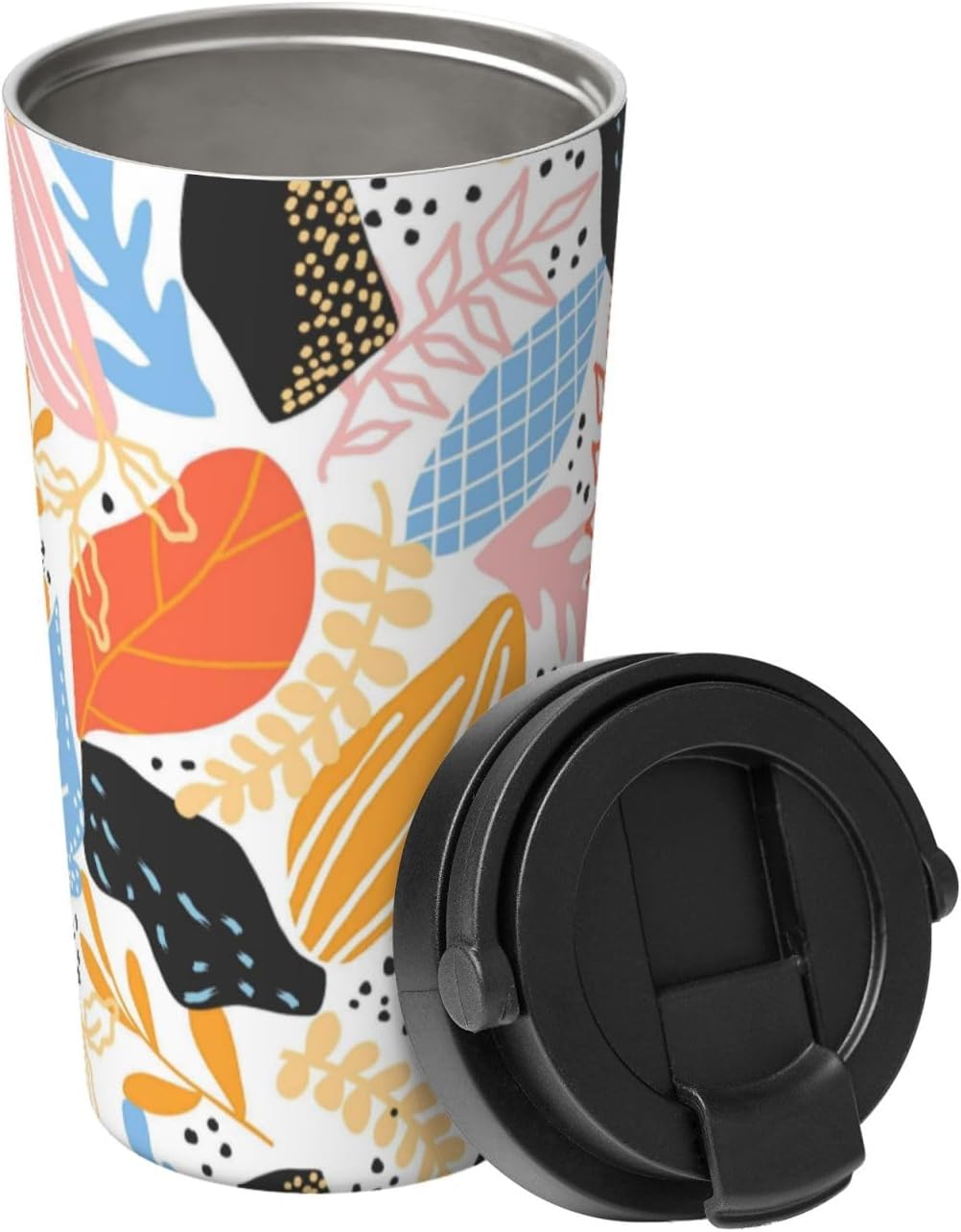 Orange And Blue Floral Print Leak Proof Coffee Travel Cup | Double Wall Stainless Steel Insulated Tumbler Flip Lid Portable Car Driving Coffee Drinking Vessel