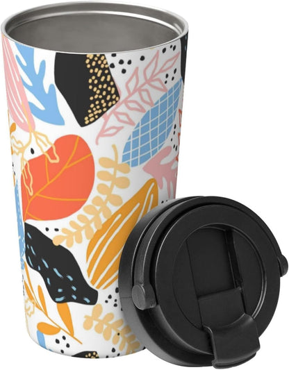 Orange And Blue Floral Print Leak Proof Coffee Travel Cup | Double Wall Stainless Steel Insulated Tumbler Flip Lid Portable Car Driving Coffee Drinking Vessel