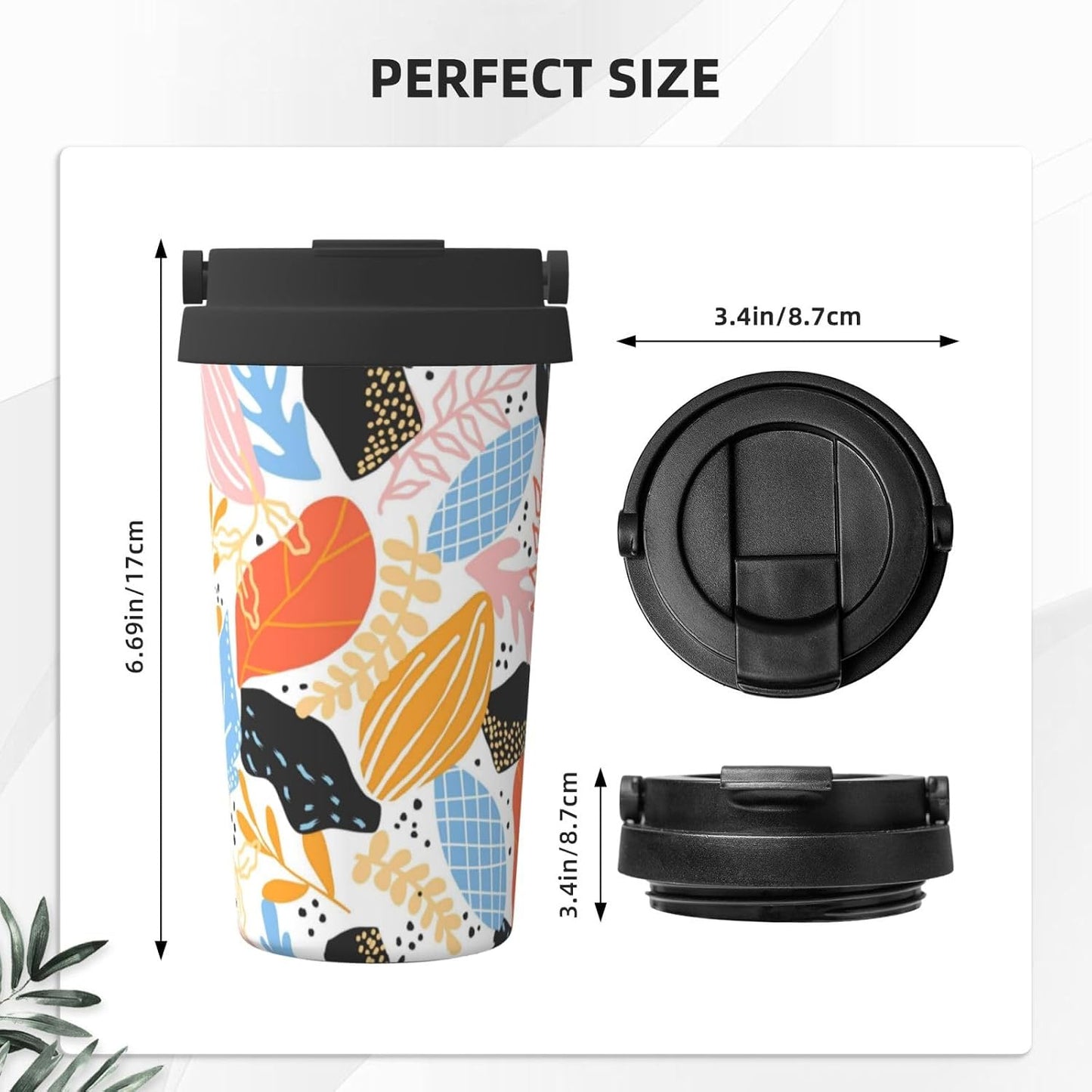 Orange And Blue Floral Print Leak Proof Coffee Travel Cup | Double Wall Stainless Steel Insulated Tumbler Flip Lid Portable Car Driving Coffee Drinking Vessel