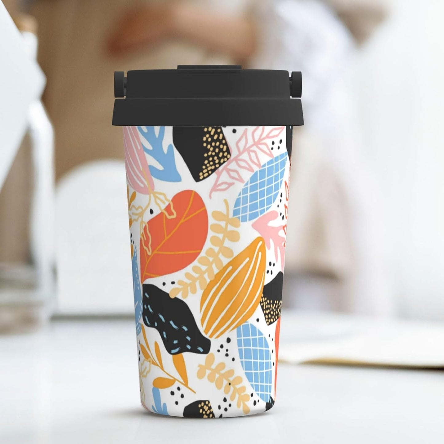 Orange And Blue Floral Print Leak Proof Coffee Travel Cup | Double Wall Stainless Steel Insulated Tumbler Flip Lid Portable Car Driving Coffee Drinking Vessel