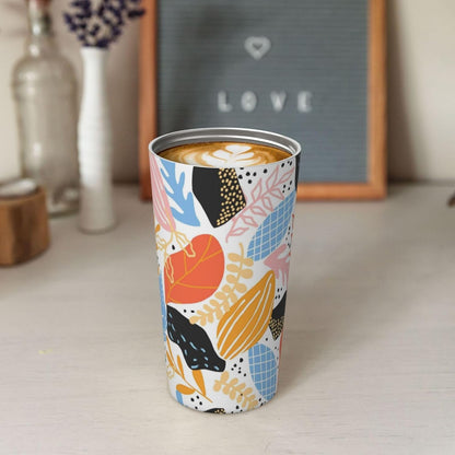 Orange And Blue Floral Print Leak Proof Coffee Travel Cup | Double Wall Stainless Steel Insulated Tumbler Flip Lid Portable Car Driving Coffee Drinking Vessel