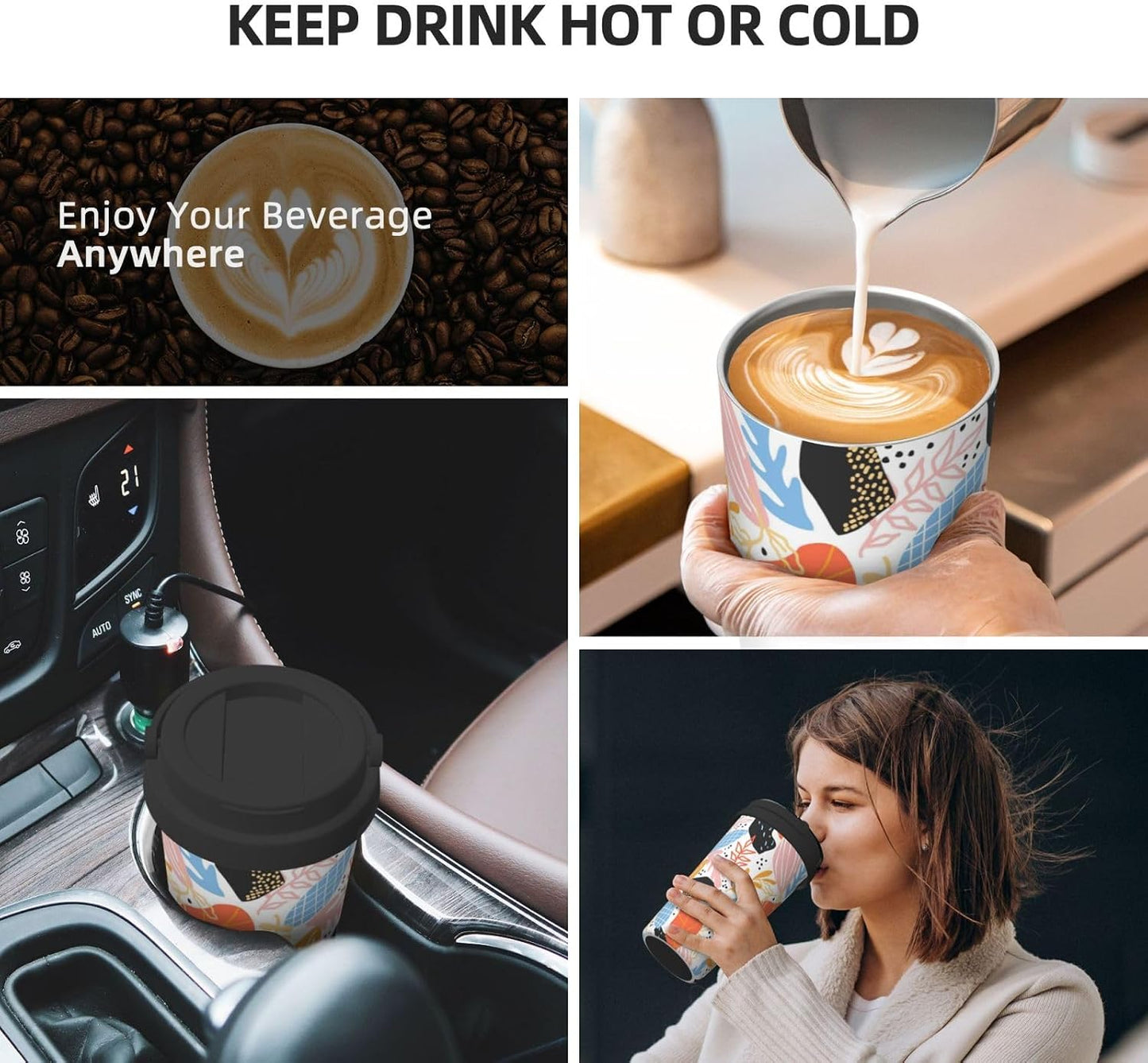 Orange And Blue Floral Print Leak Proof Coffee Travel Cup | Double Wall Stainless Steel Insulated Tumbler Flip Lid Portable Car Driving Coffee Drinking Vessel