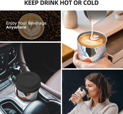 Orange And Blue Floral Print Leak Proof Coffee Travel Cup | Double Wall Stainless Steel Insulated Tumbler Flip Lid Portable Car Driving Coffee Drinking Vessel