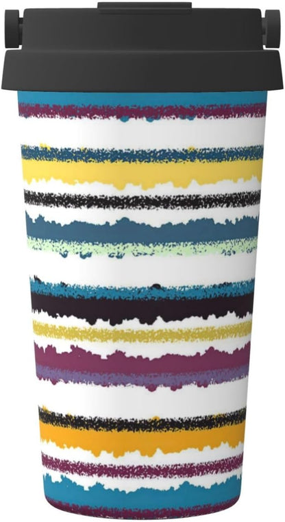 Orange And Blue Floral Print Leak Proof Coffee Travel Cup | Double Wall Stainless Steel Insulated Tumbler Flip Lid Portable Car Driving Coffee Drinking Vessel