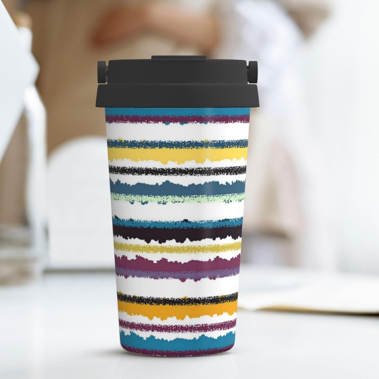 Orange And Blue Floral Print Leak Proof Coffee Travel Cup | Double Wall Stainless Steel Insulated Tumbler Flip Lid Portable Car Driving Coffee Drinking Vessel