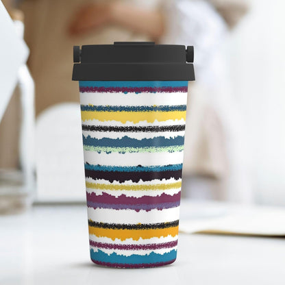 Orange And Blue Floral Print Leak Proof Coffee Travel Cup | Double Wall Stainless Steel Insulated Tumbler Flip Lid Portable Car Driving Coffee Drinking Vessel