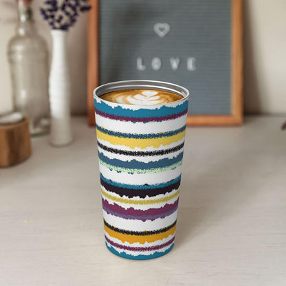 Orange And Blue Floral Print Leak Proof Coffee Travel Cup | Double Wall Stainless Steel Insulated Tumbler Flip Lid Portable Car Driving Coffee Drinking Vessel