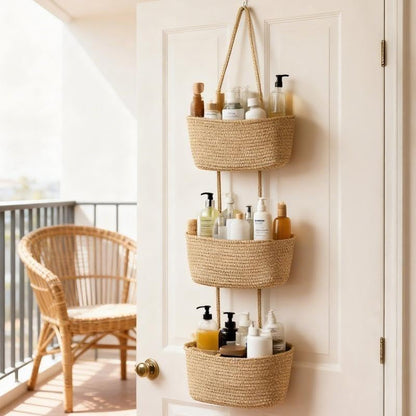 Woven cotton 3-Tier Over the Door Basket, Wall-Mounted Jute Storage Organizer – Decorative Nursery Baskets