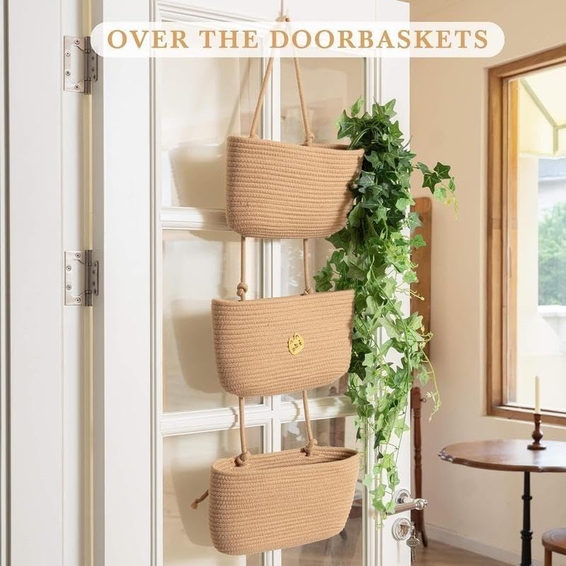 Woven cotton 3-Tier Over the Door Basket, Wall-Mounted Jute Storage Organizer – Decorative Nursery Baskets