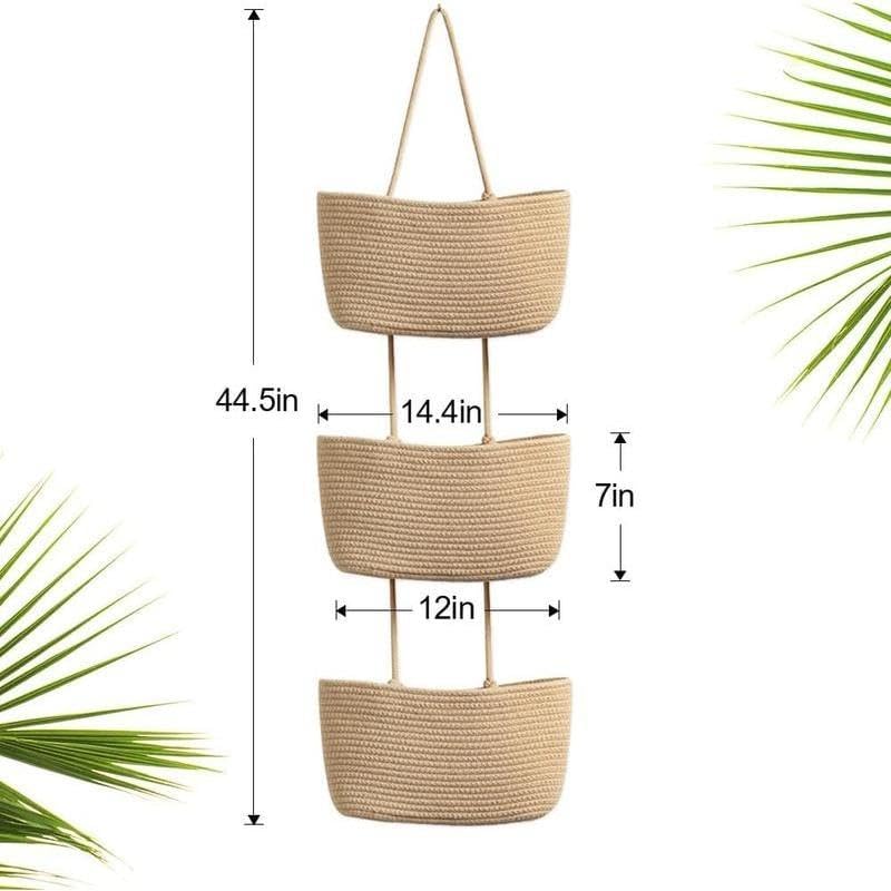 Woven cotton 3-Tier Over the Door Basket, Wall-Mounted Jute Storage Organizer – Decorative Nursery Baskets