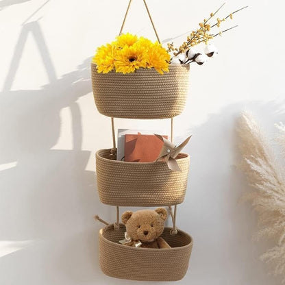 Woven cotton 3-Tier Over the Door Basket, Wall-Mounted Jute Storage Organizer – Decorative Nursery Baskets