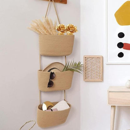 Woven cotton 3-Tier Over the Door Basket, Wall-Mounted Jute Storage Organizer – Decorative Nursery Baskets