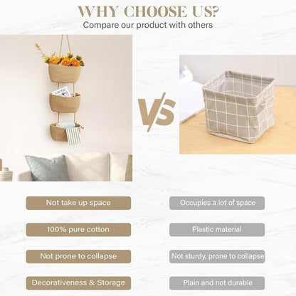 Woven cotton 3-Tier Over the Door Basket, Wall-Mounted Jute Storage Organizer – Decorative Nursery Baskets