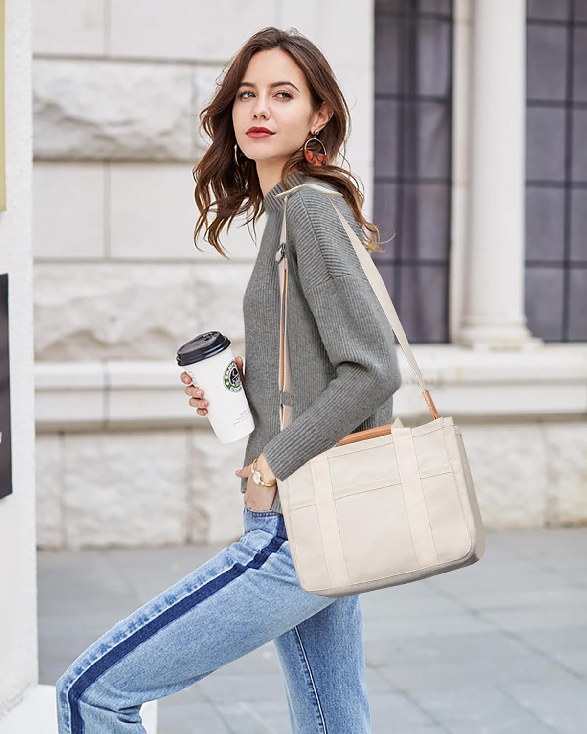 Canvas Tote Bag with Multi-Pocket for Women Large Crossbody Shoulder Handbag Everything Tote Bag with Compartments