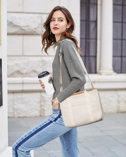 Canvas Tote Bag with Multi-Pocket for Women Large Crossbody Shoulder Handbag Everything Tote Bag with Compartments