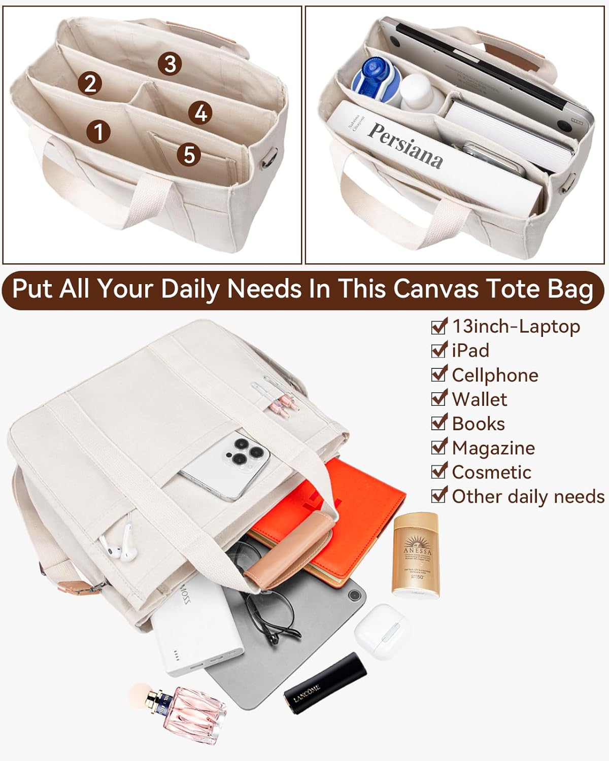 Canvas Tote Bag with Multi-Pocket for Women Large Crossbody Shoulder Handbag Everything Tote Bag with Compartments