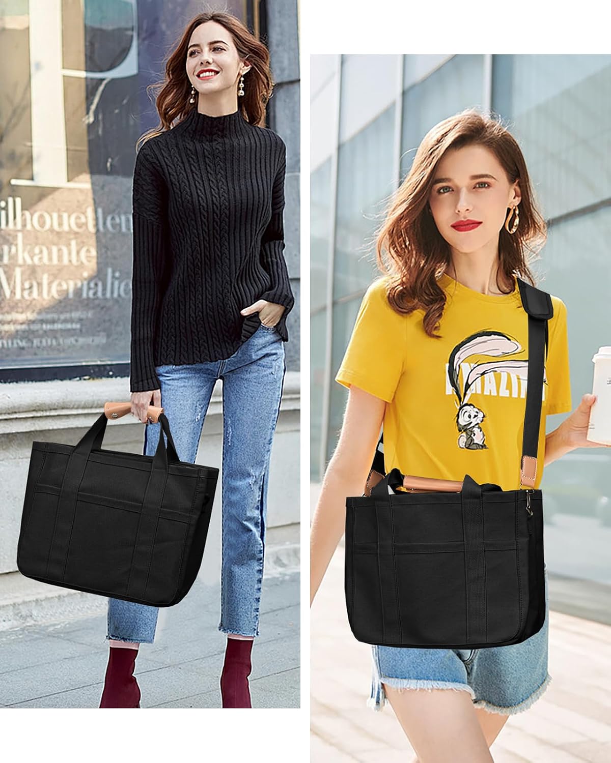 Canvas Tote Bag with Multi-Pocket for Women Large Crossbody Shoulder Handbag Everything Tote Bag with Compartments