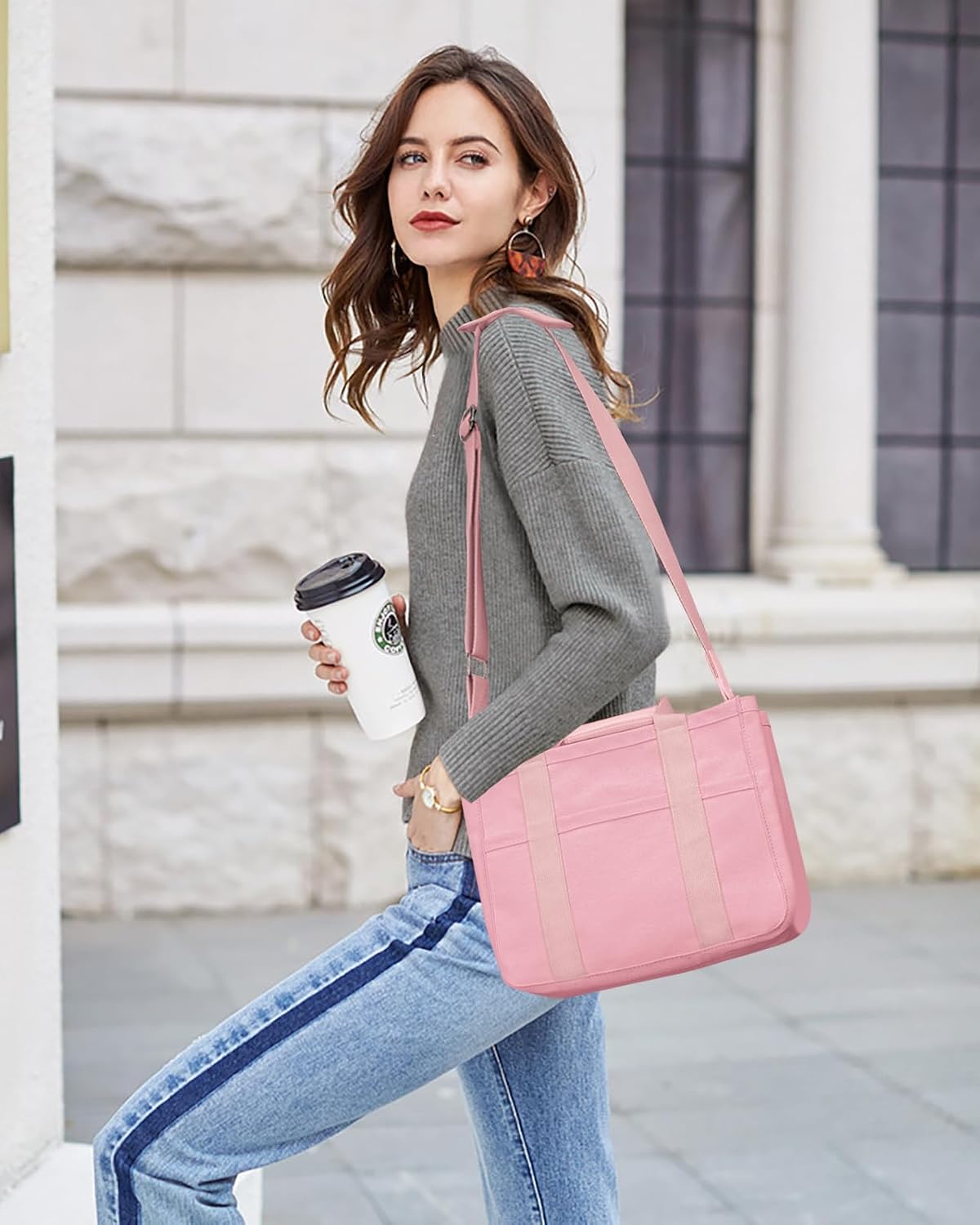 Canvas Tote Bag with Multi-Pocket for Women Large Crossbody Shoulder Handbag Everything Tote Bag with Compartments
