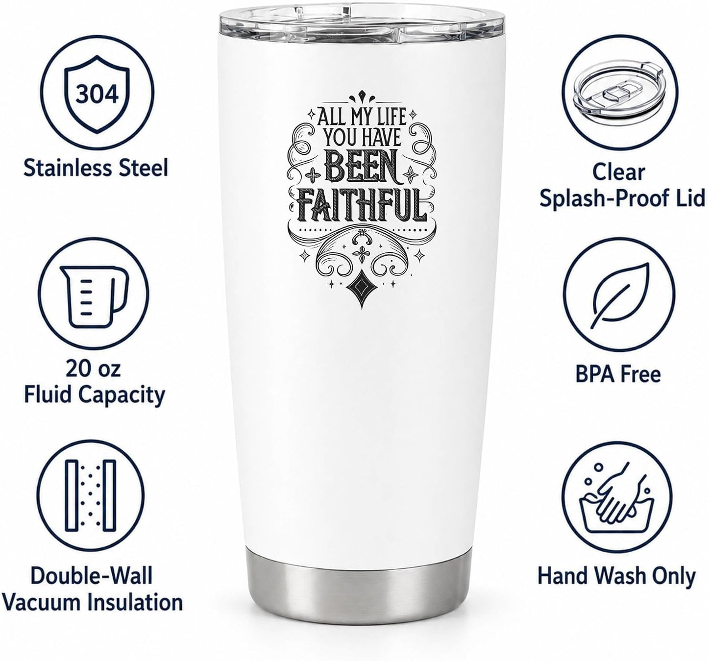 All My Life You Have Been Faithful White 20oz Tumbler | Evocative Scripture-Inspired Typography for Believers Who Find Comfort in a Daily Testimony of Divine Steadfastness
