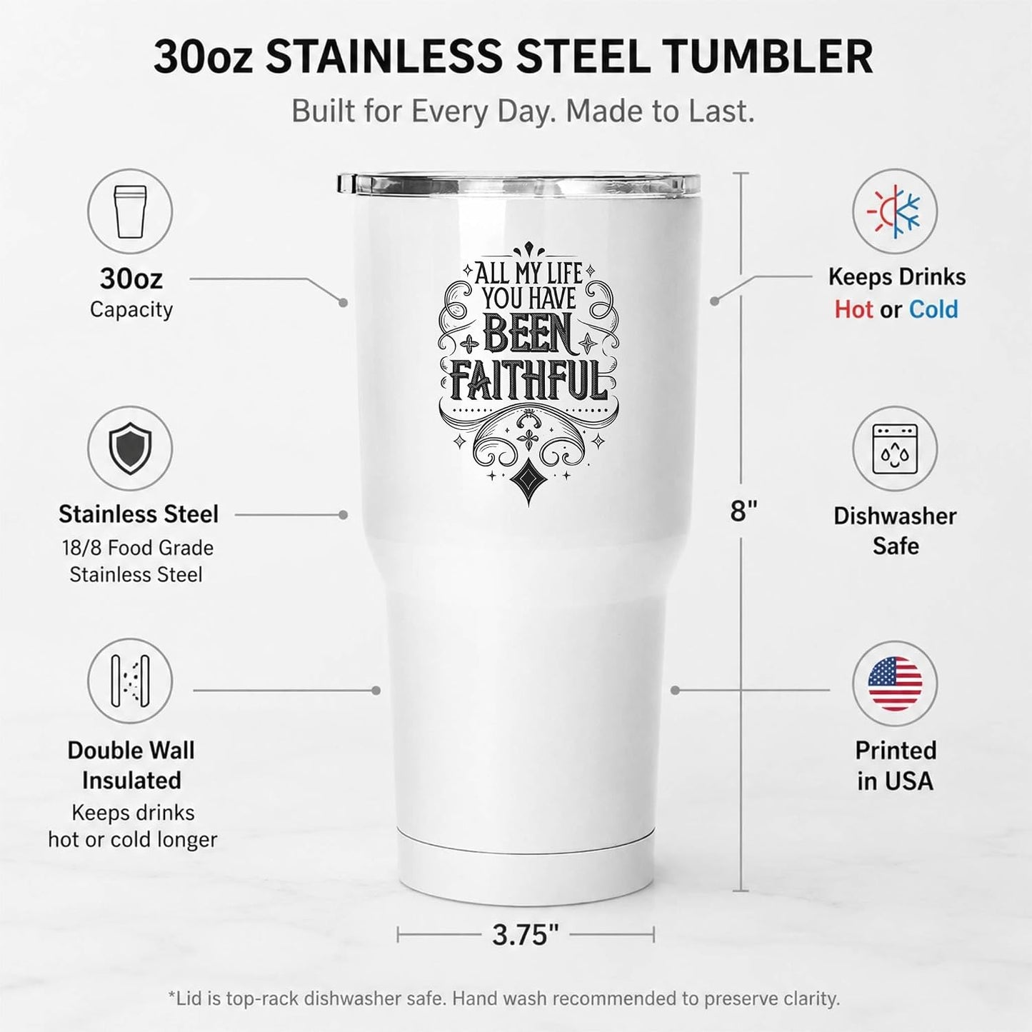 All My Life You Have Been Faithful White 20oz Tumbler | Evocative Scripture-Inspired Typography for Believers Who Find Comfort in a Daily Testimony of Divine Steadfastness