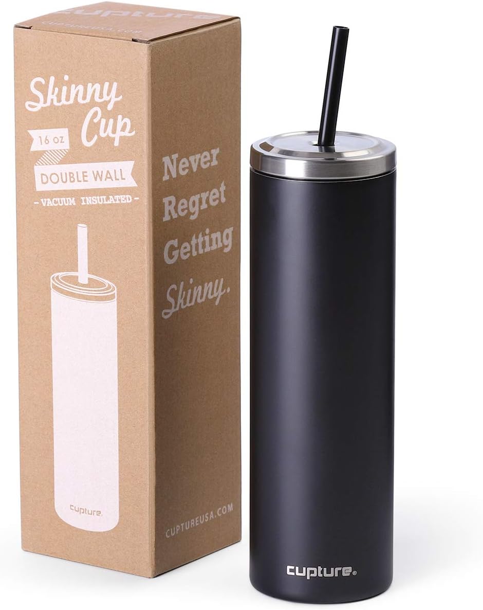 Stainless Steel Skinny Insulated Tumbler Cup with Lid and Reusable Straw - 16 oz (White Marble)